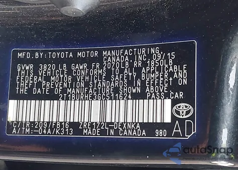 2016 Toyota Corolla Le Plus z USA, uszkodzony, nr VIN 2T1BURHE3GC511624